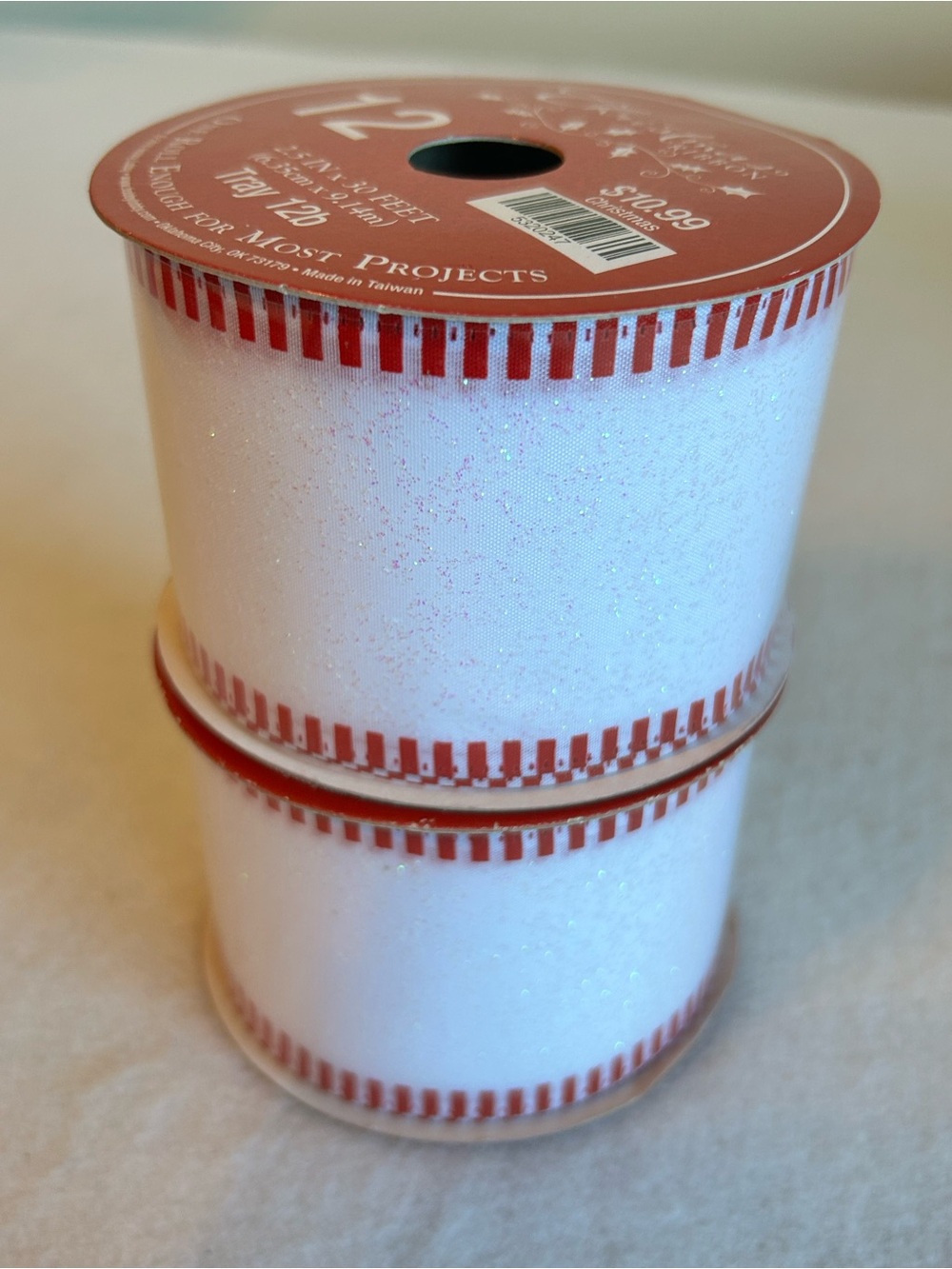 Glitter Wired Edge Ribbon - 2.5” 10 Yds White Red Christmas Baseball Stitch Edge
